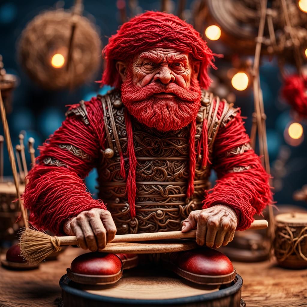 Hyperdetailed Red String Dwarf Drummer in String Village