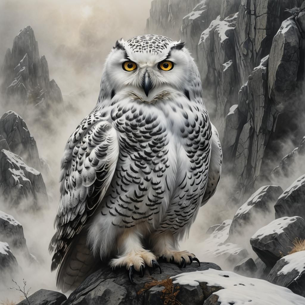 Snowy Owl Portrait in Fog, Charcoal Drawing