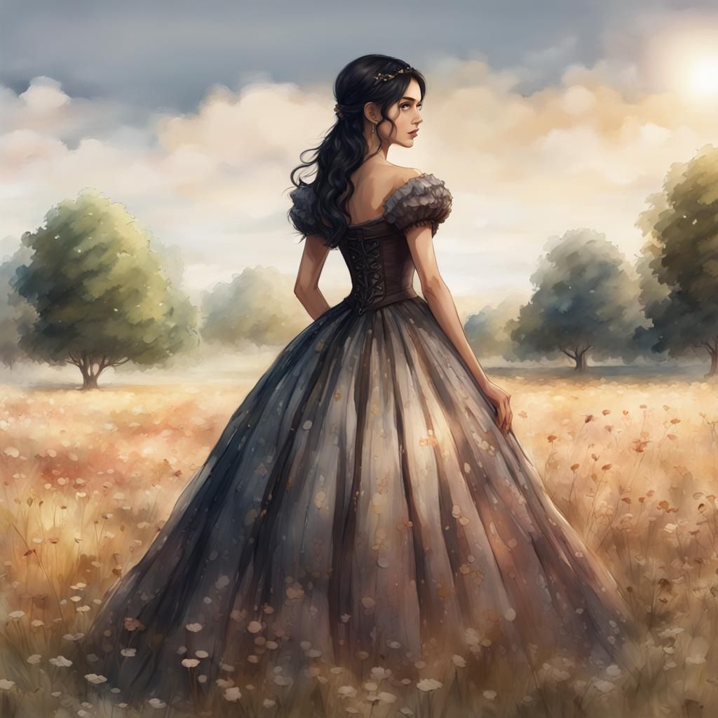 Woman in Ball Gown in Watercolor Field