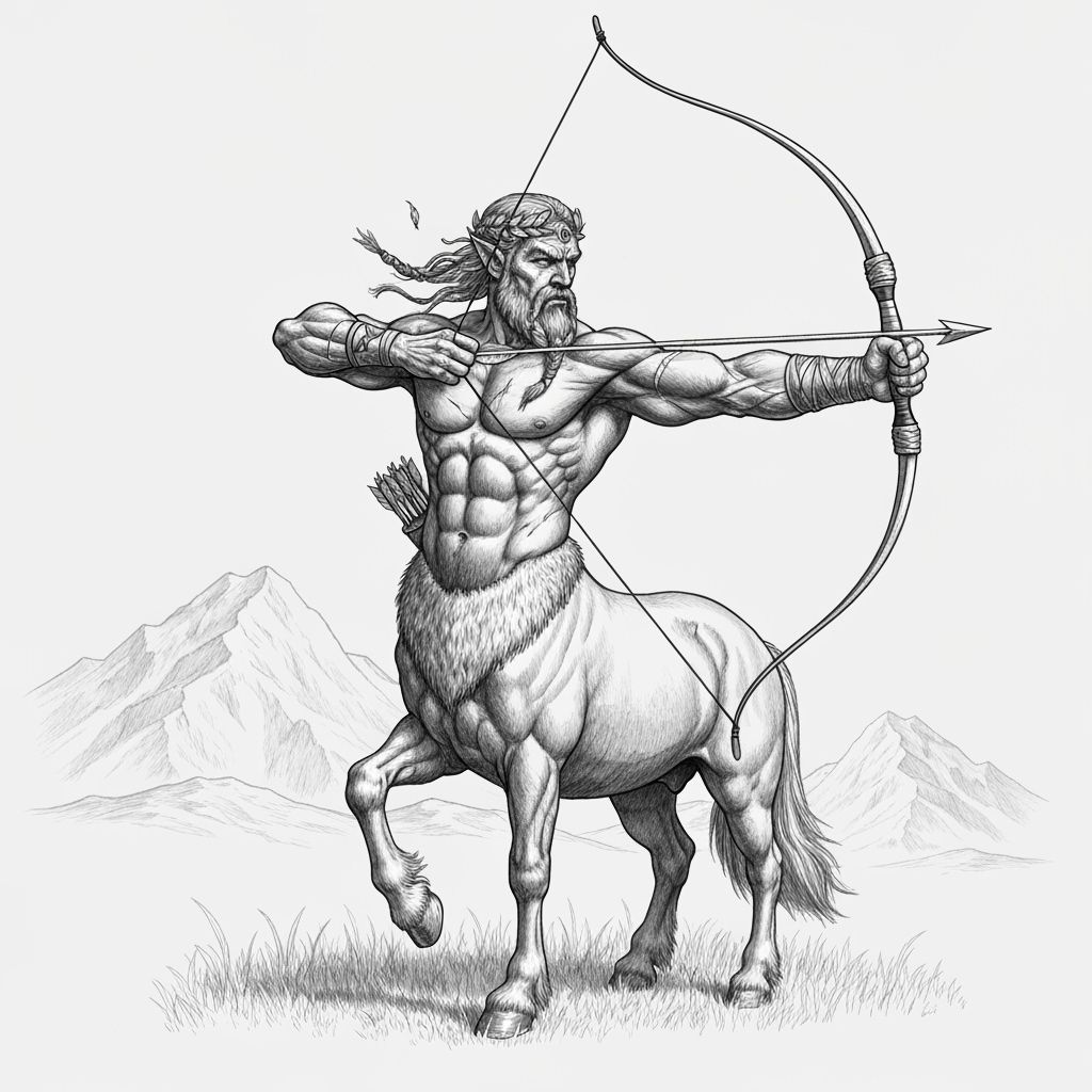Centaur Drawing Ancient Bow in Mountain Meadow