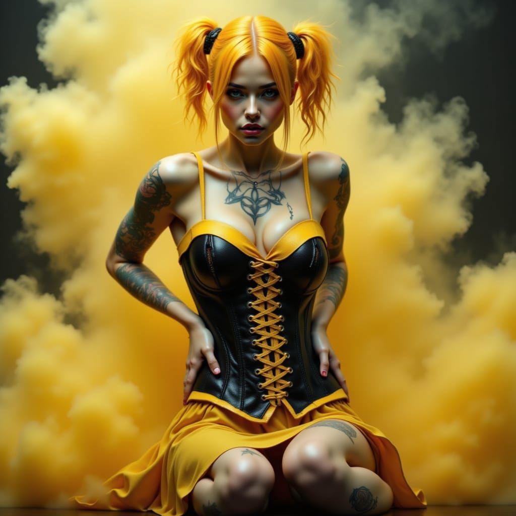 Voluptuous Woman in Yellow Latex Outfit with Tattoos