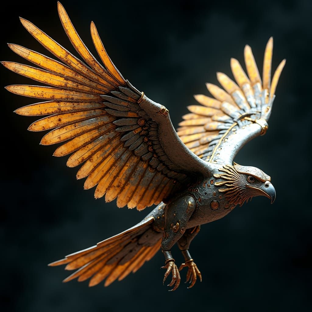Robotic Hawk with Metallic Plumage in Flight