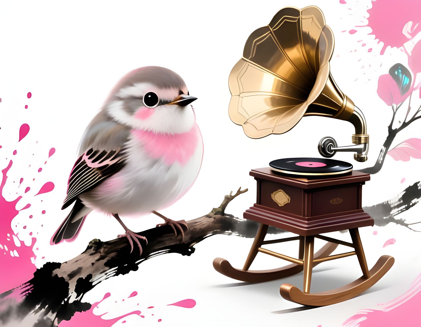 Futuristic Bird on Branch with Gramophone in Victorian Style