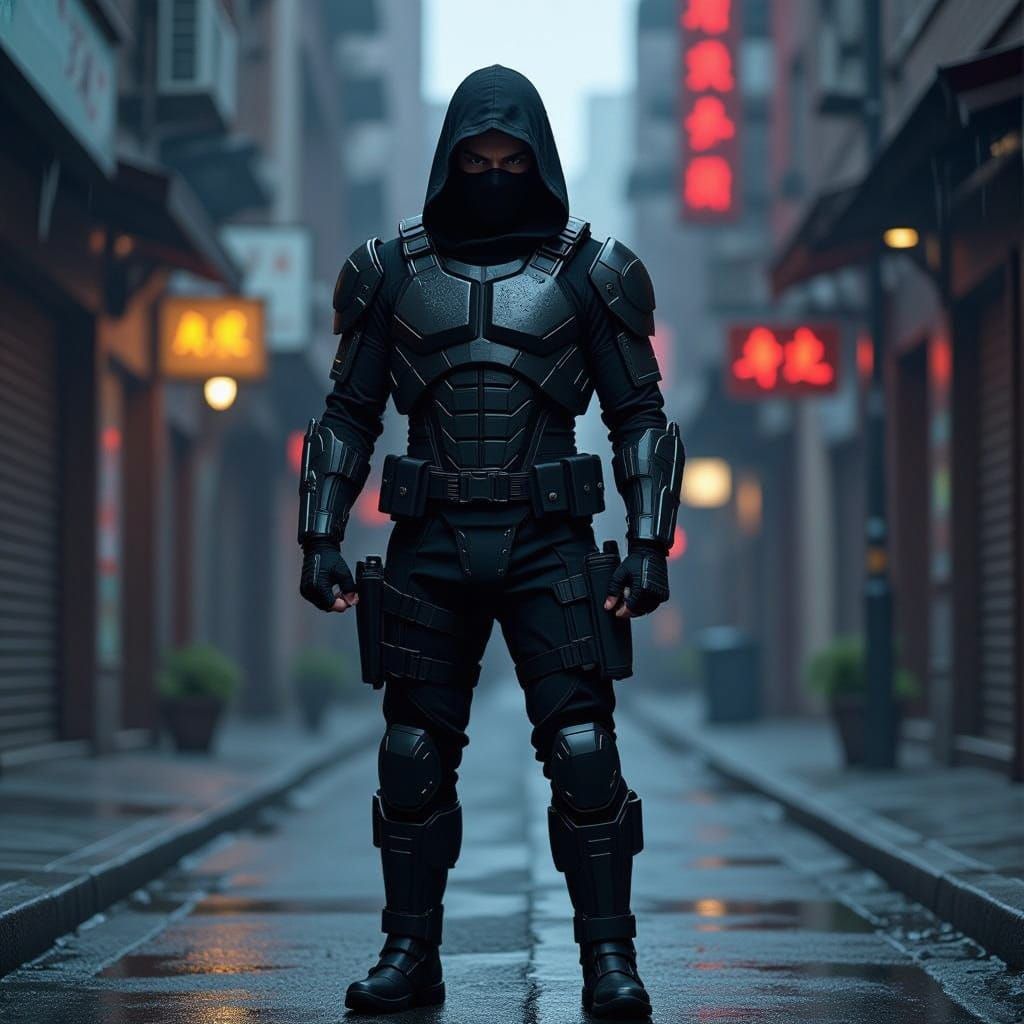 Ninja Warrior in Black Tactical Armor