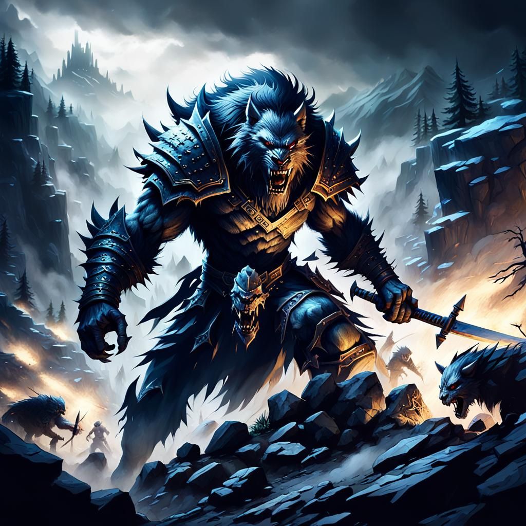 Werewolf Swordsman Battles Dark Legion: 3D Dark Fantasy Art