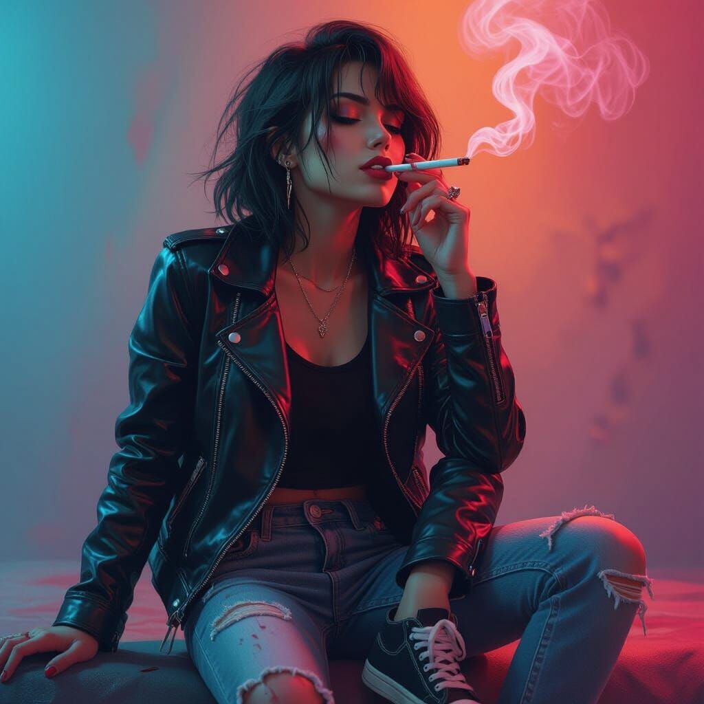 Hyperrealistic Tomboy Smoking with Blood in Vibrant Setting