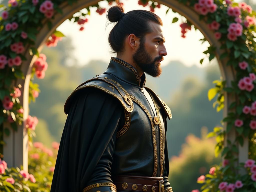 High-Fantasy Ranger in Lush Garden Setting