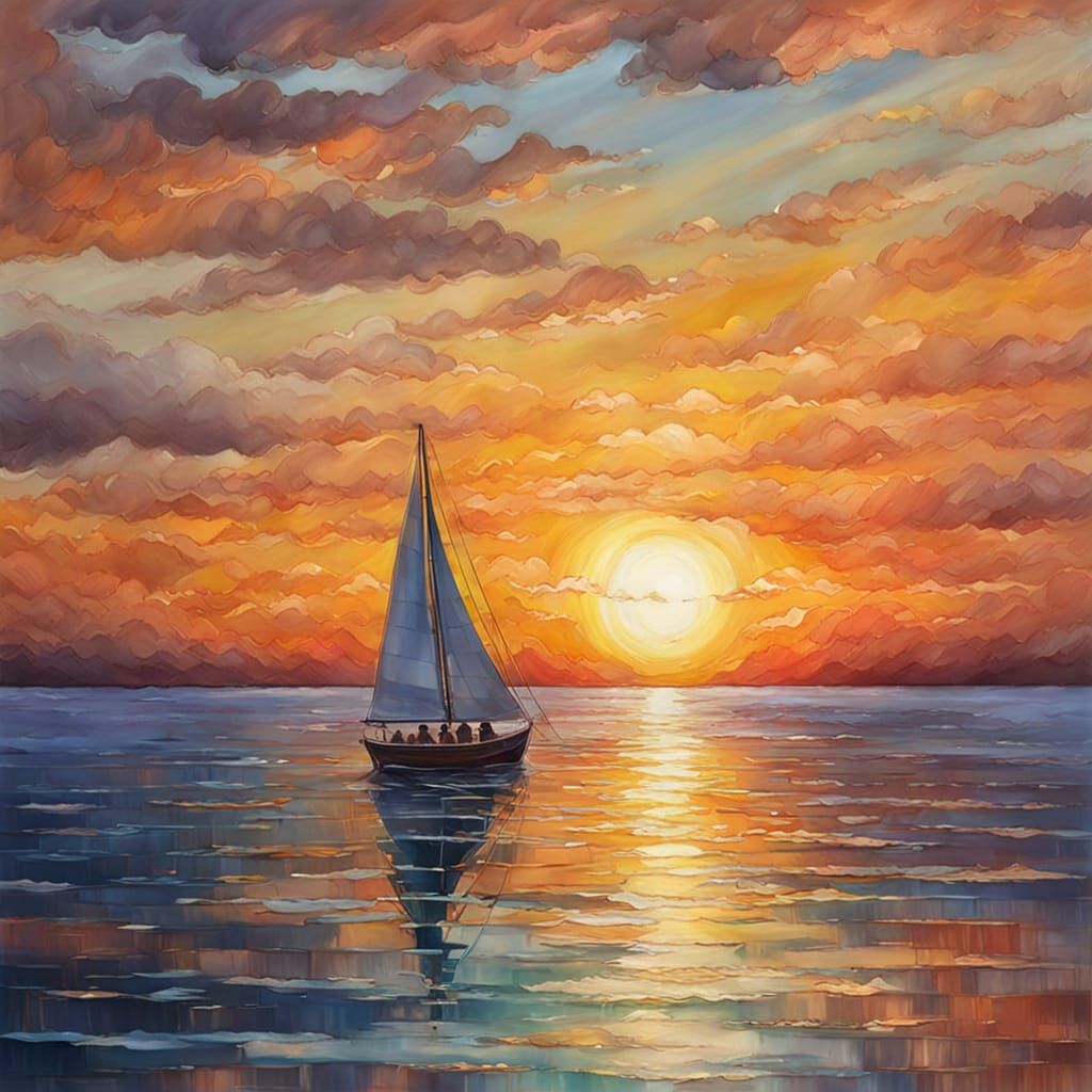 Sailboat Approaching Vibrant Sunset in Oil Painting Style