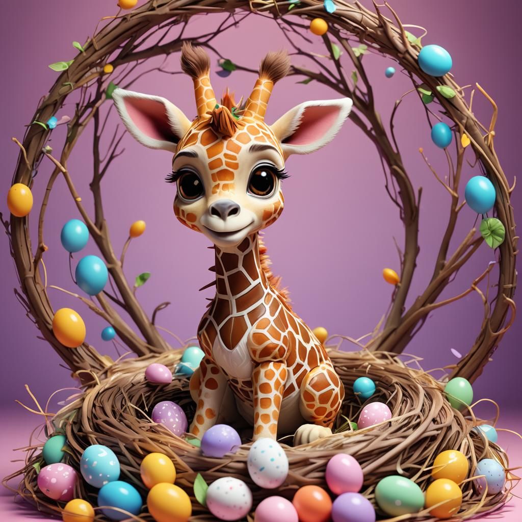 Chibi Giraffe Easter Bunny in Nest: 3D Art