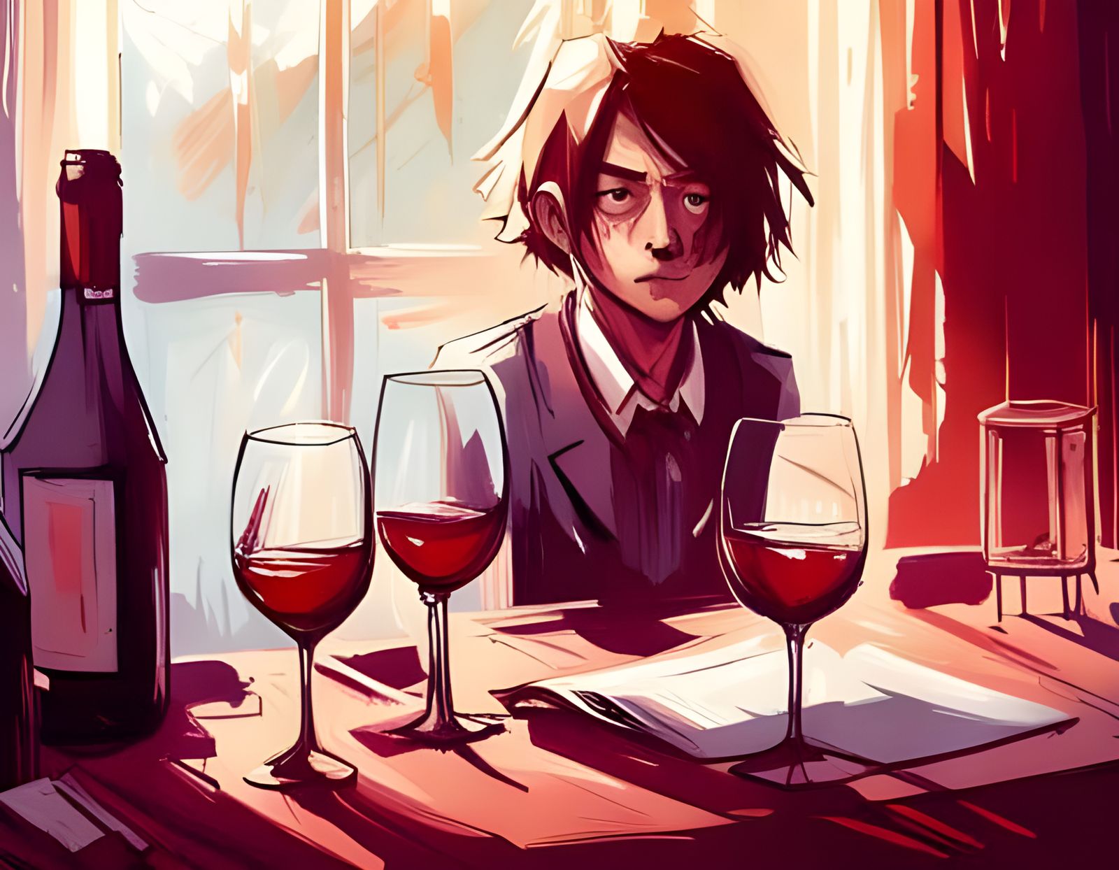 Heartbreaking Wine Glass Portrait in Anime Style