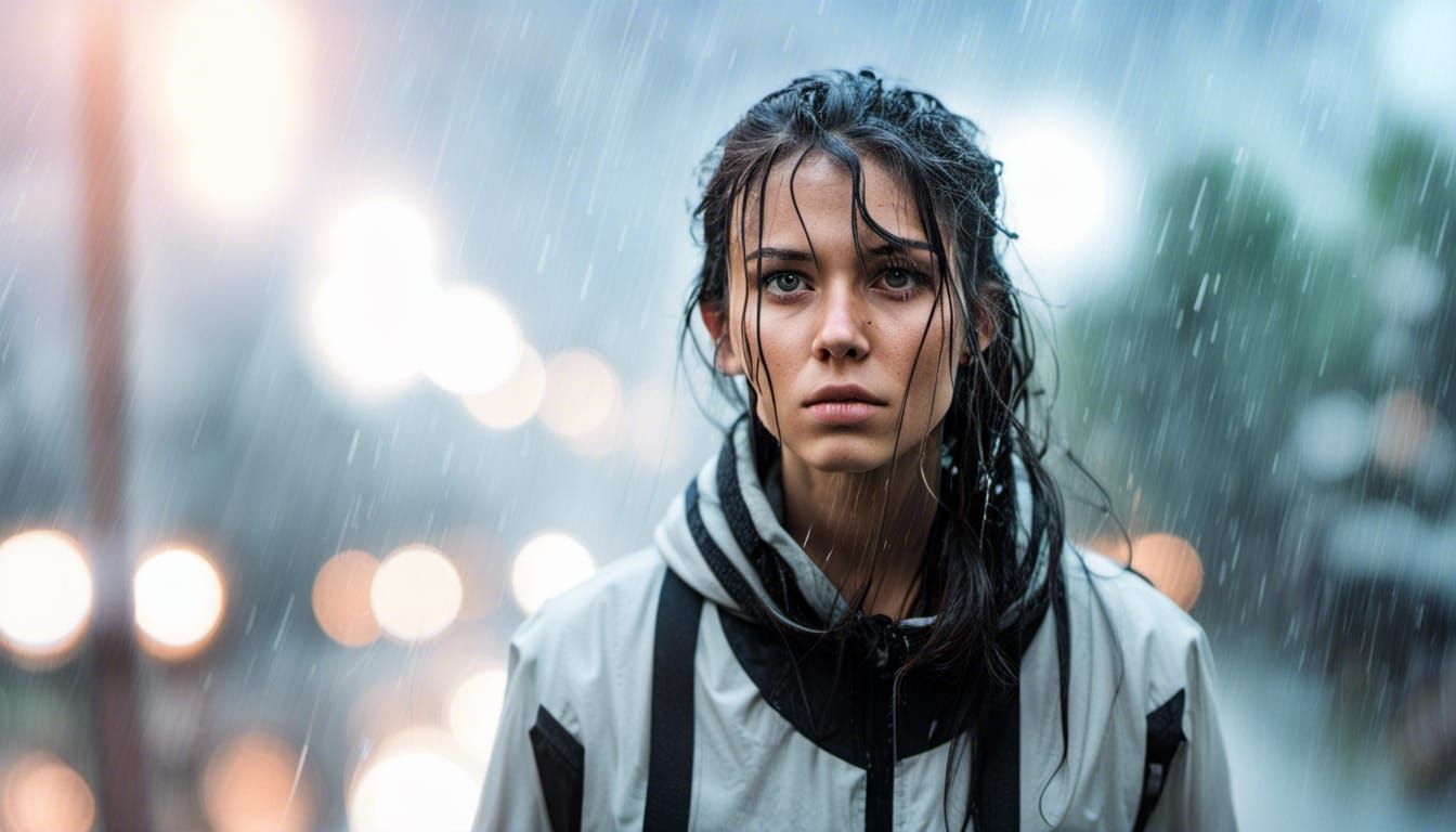 Drenched Girl in Heavy Rain