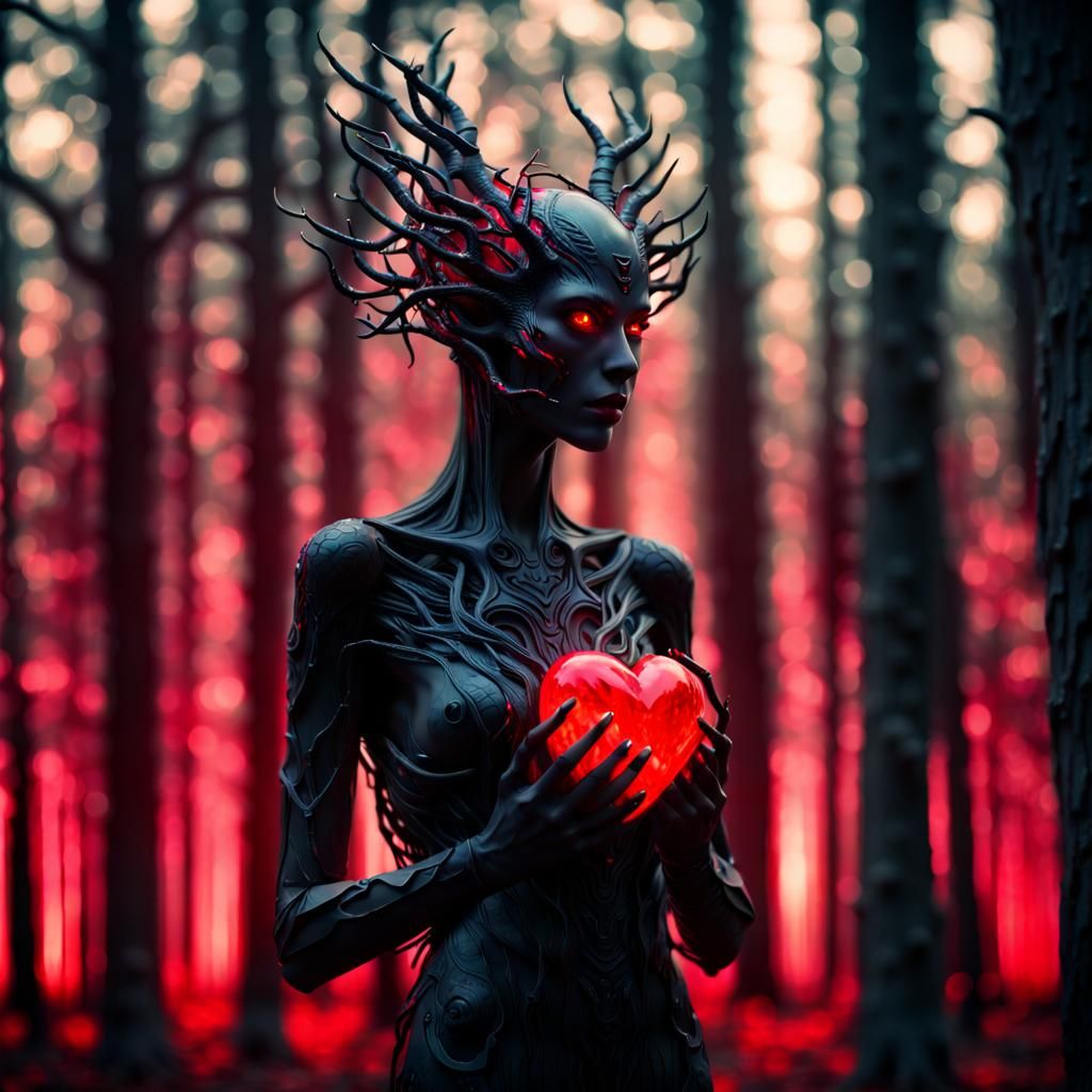 Alien Demon Woman with Crystal Heart, Synthwave Art