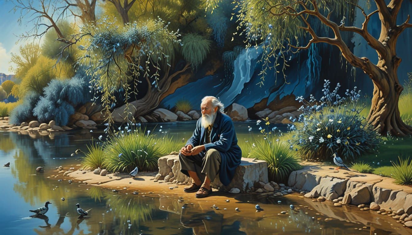 Man Sowing Seeds by River in Surreal Dali Style