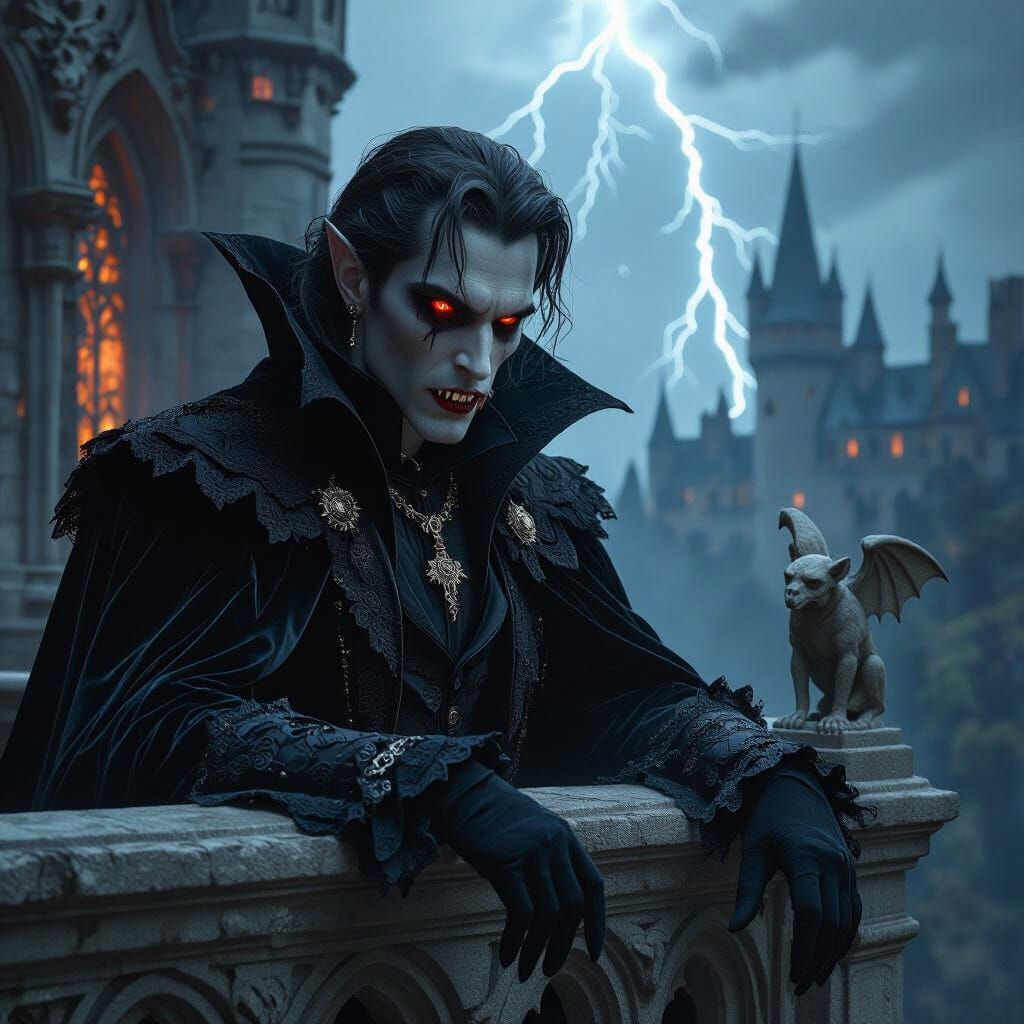 Gothic Vampire Lord in Dark Surrealist Castle