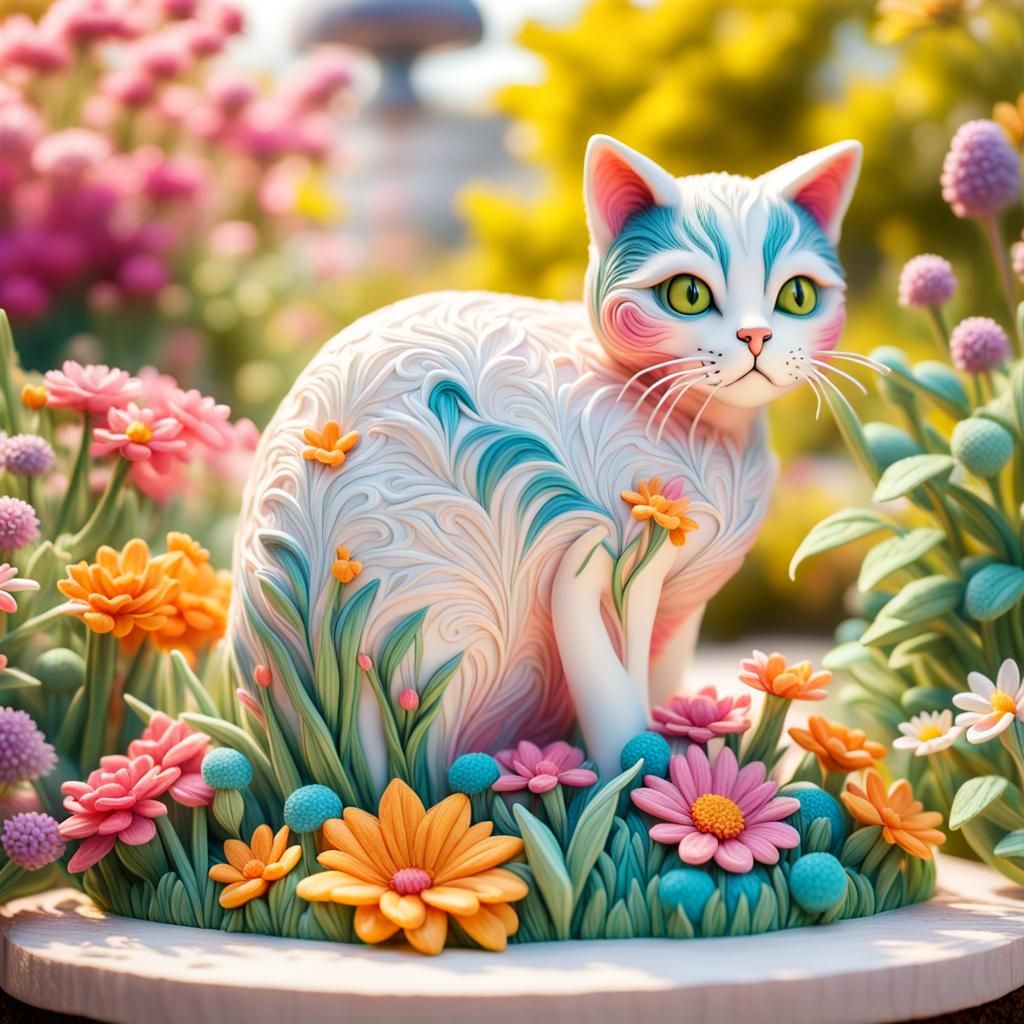 Sugar Paste Cat Sculpture in Flower Garden