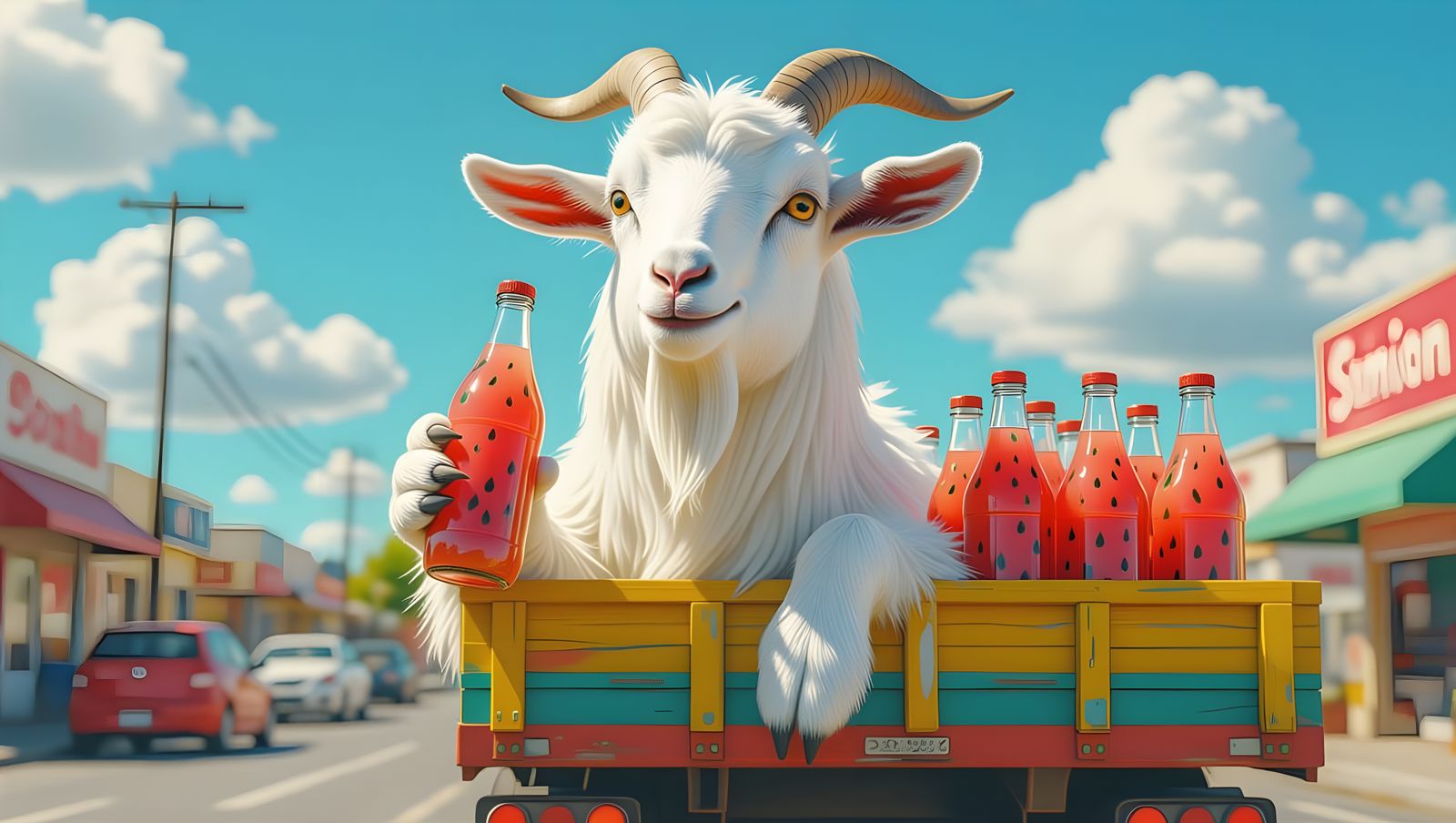 Giant White Goat Sits on Colorful Truck Filled with Watermel...