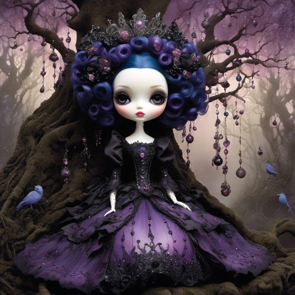 Gothic Doll on Enchanted Tree in Dark Fantasy Style