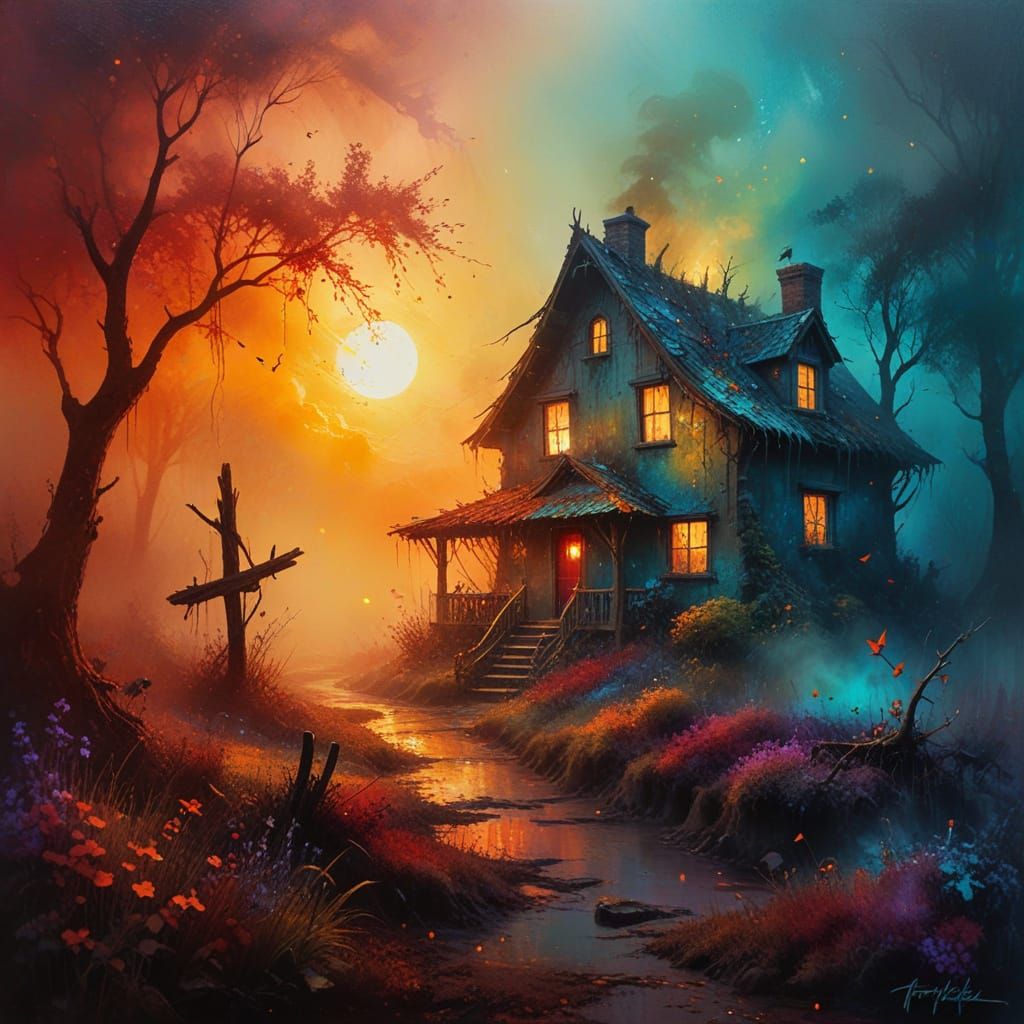 Witch Cottage in Haunted Forest with Sunset Fog