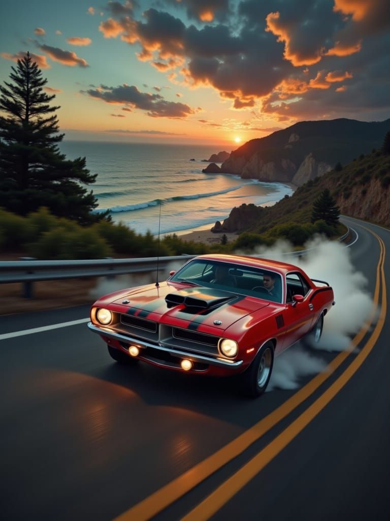 1970 Plymouth Barracuda Drifting on Coastal Highway