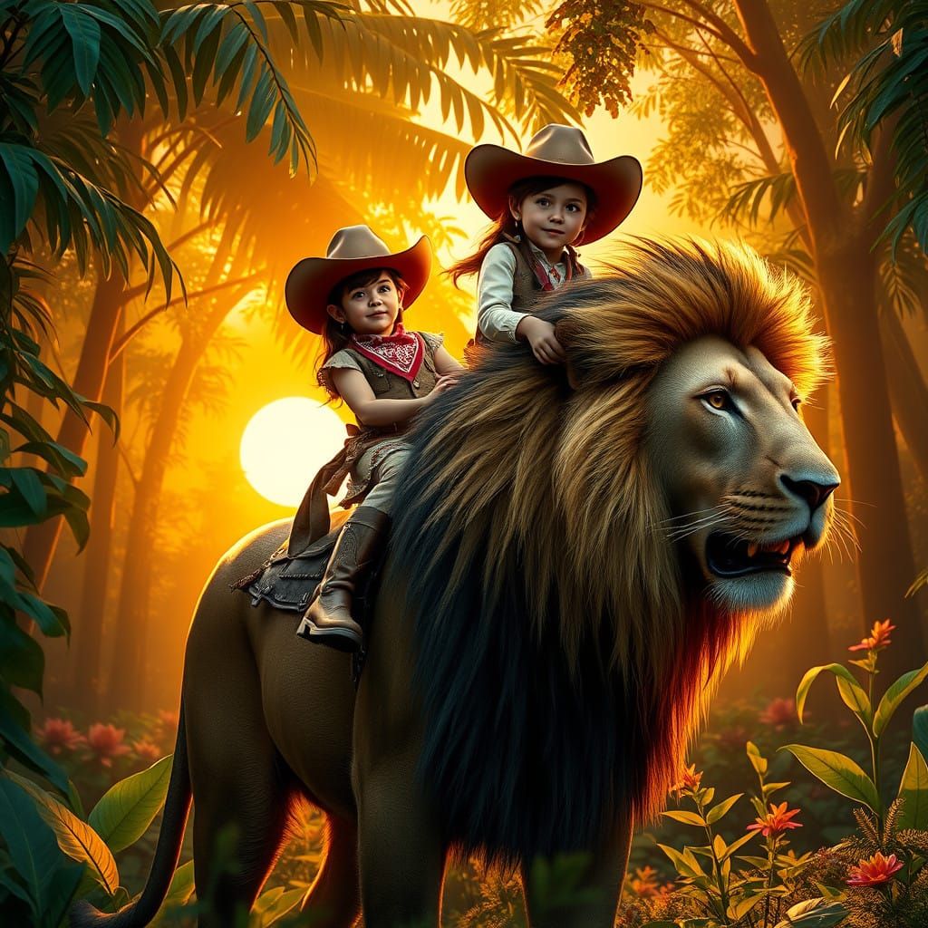 Little Girl Rides Majestic Lion in Jungle Sunset