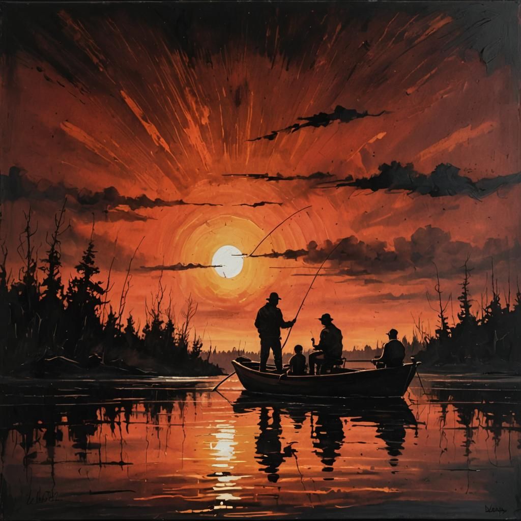 Fishermen Silhouettes at Sunset: Grungy Volumetric Painting