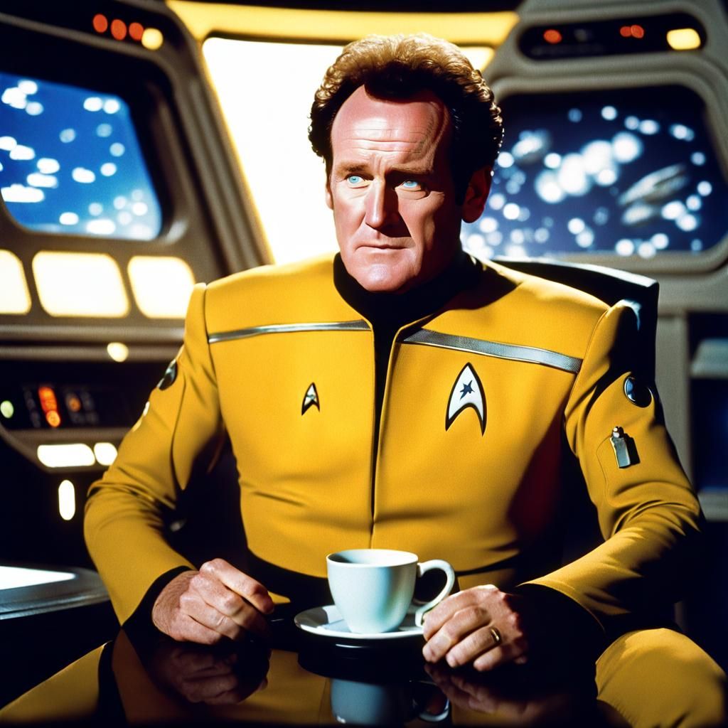 Miles O'Brien drinking coffee, Jamaican Blend Double Sweet