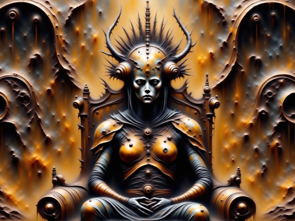 Alien God on Throne in Dystopian Sci-Fi Scene