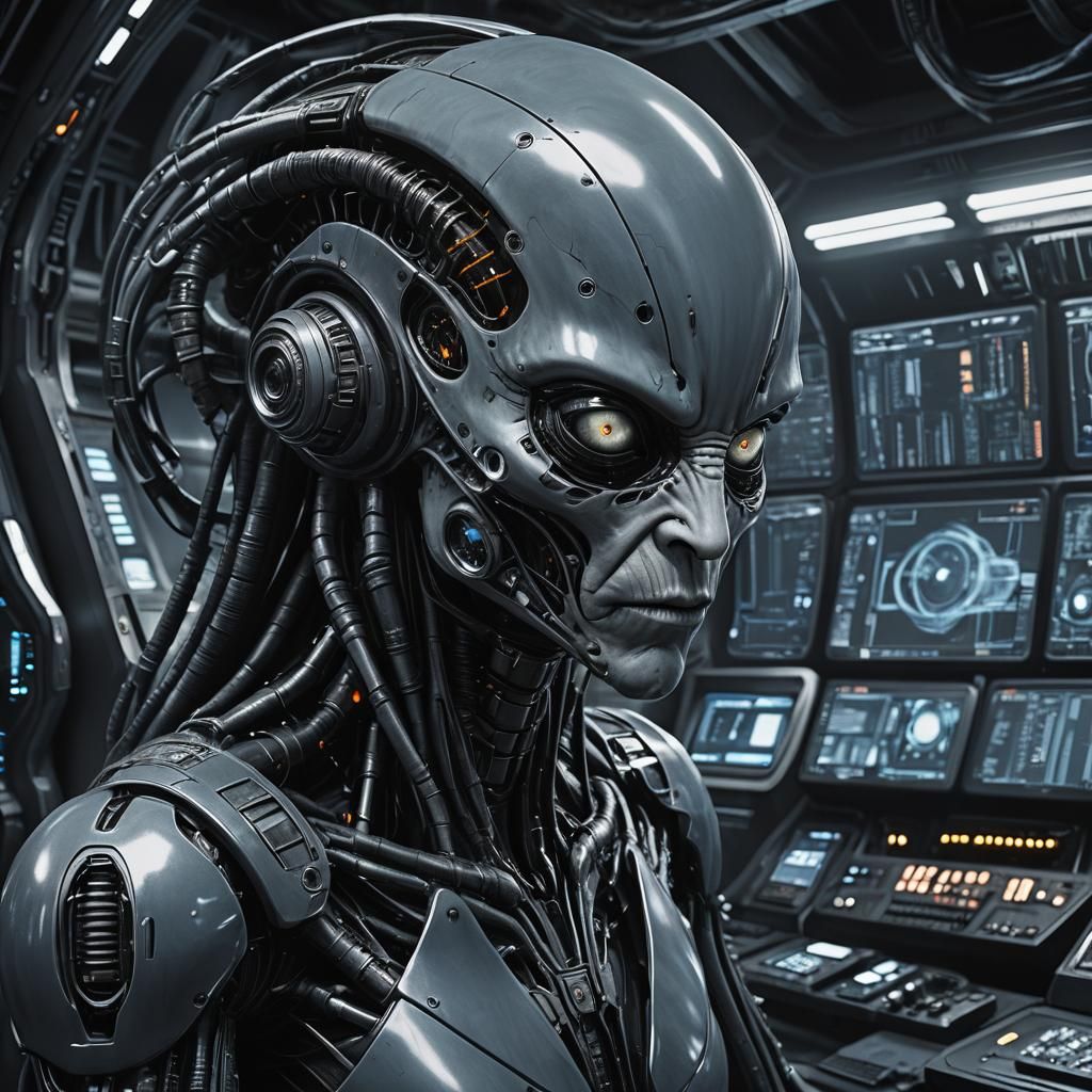 Disturbed Alien at Futuristic Computer: Digital Matte Painti...