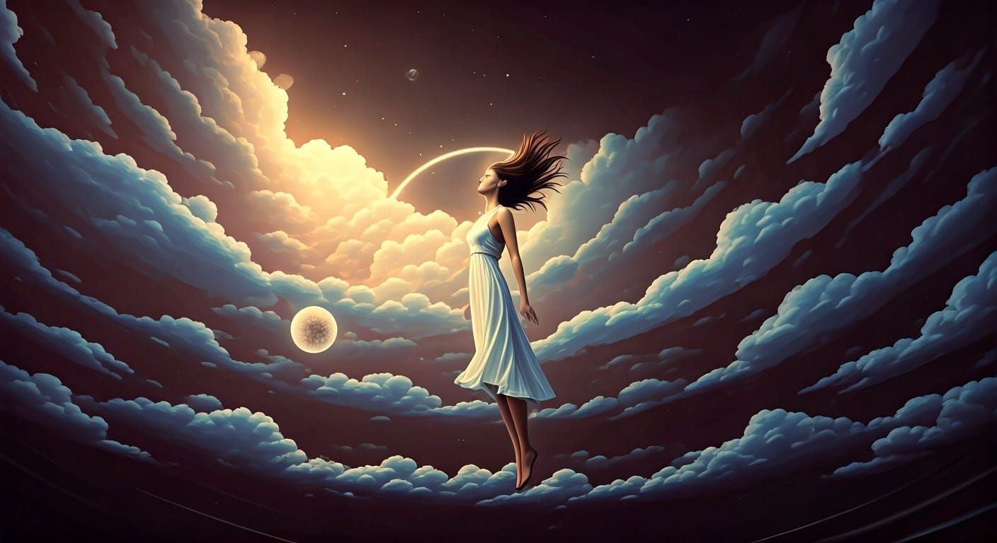 Weightless Woman in Surreal Dreamscape