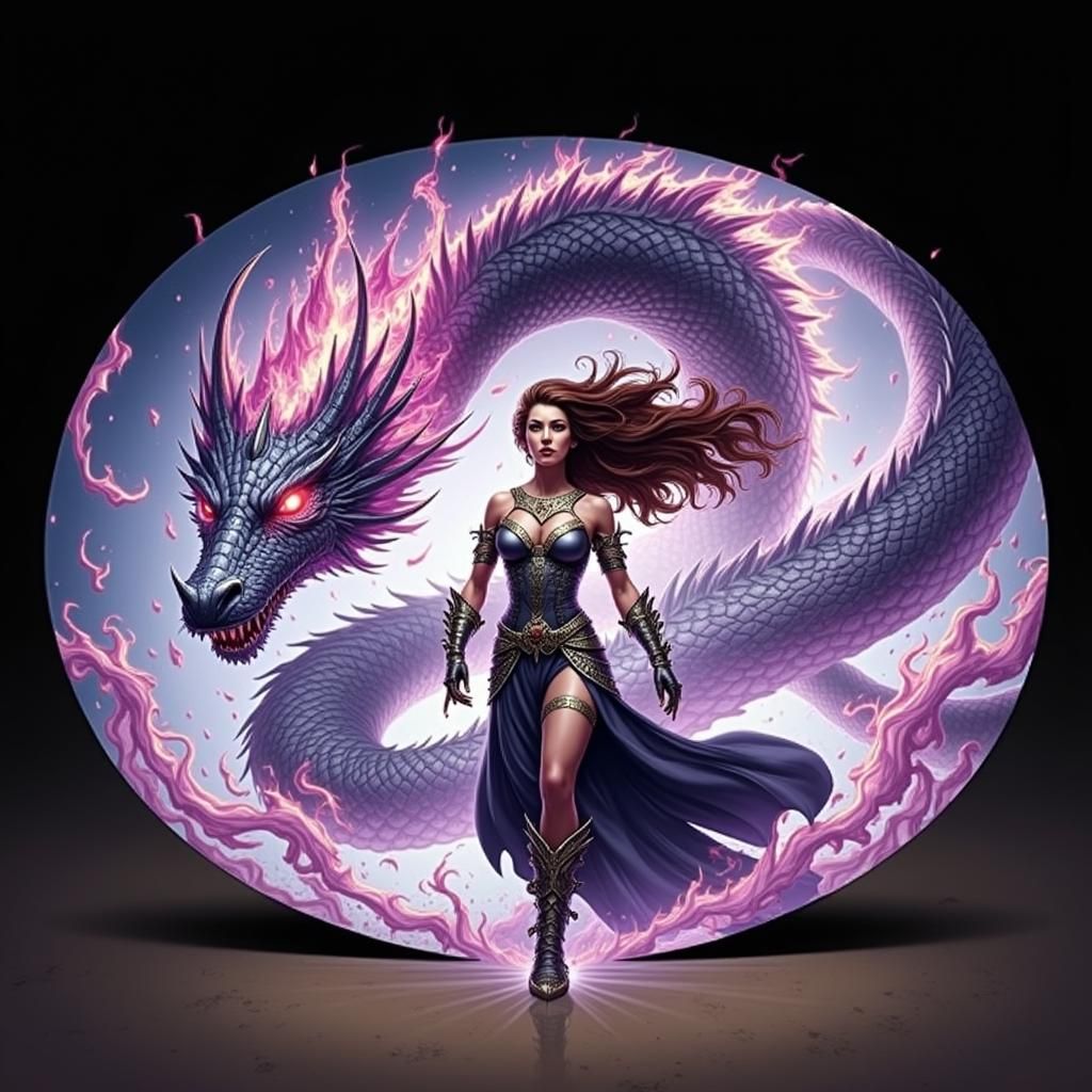 Warrior Woman Summons Dragon in a Fiery Realm