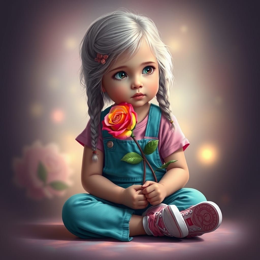Dreamy Digital Painting of Girl with Silver Hair and Rainbow...