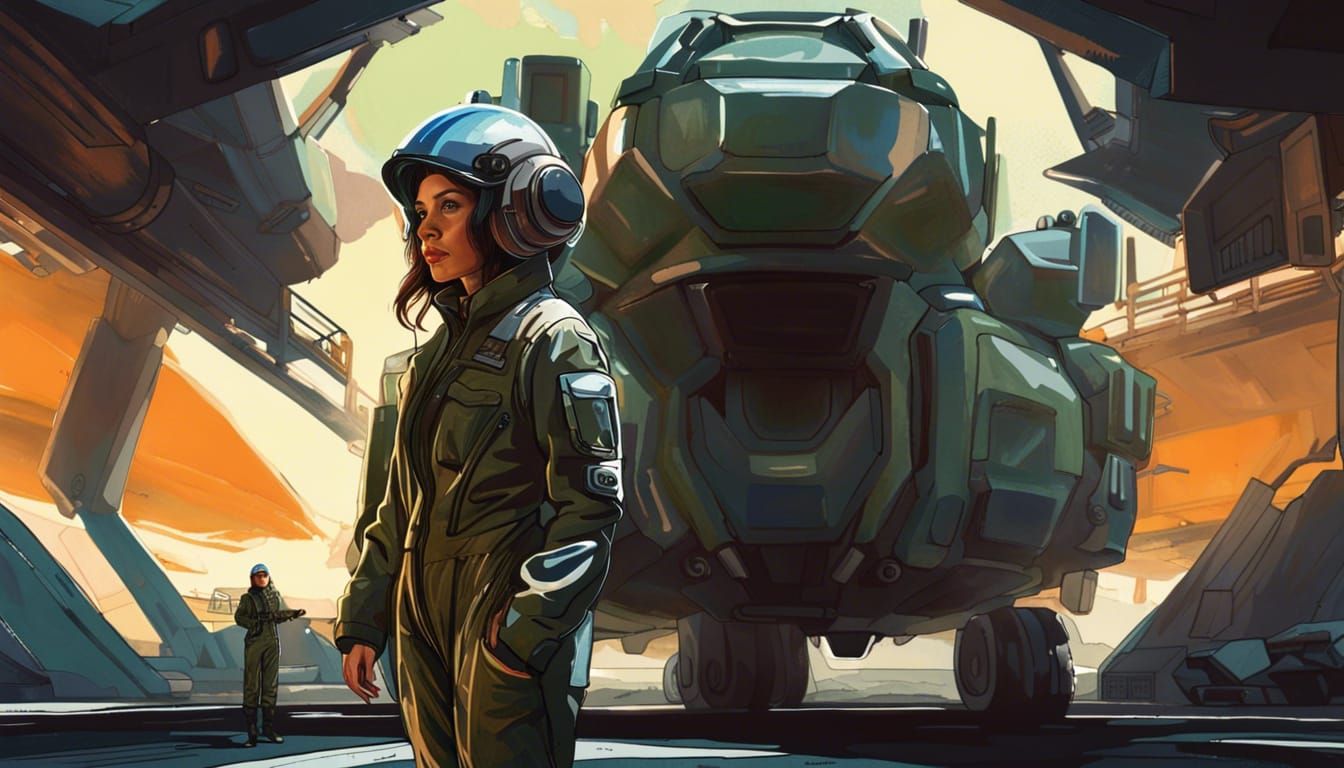 Woman in Flight Suit Next to Futuristic Tank