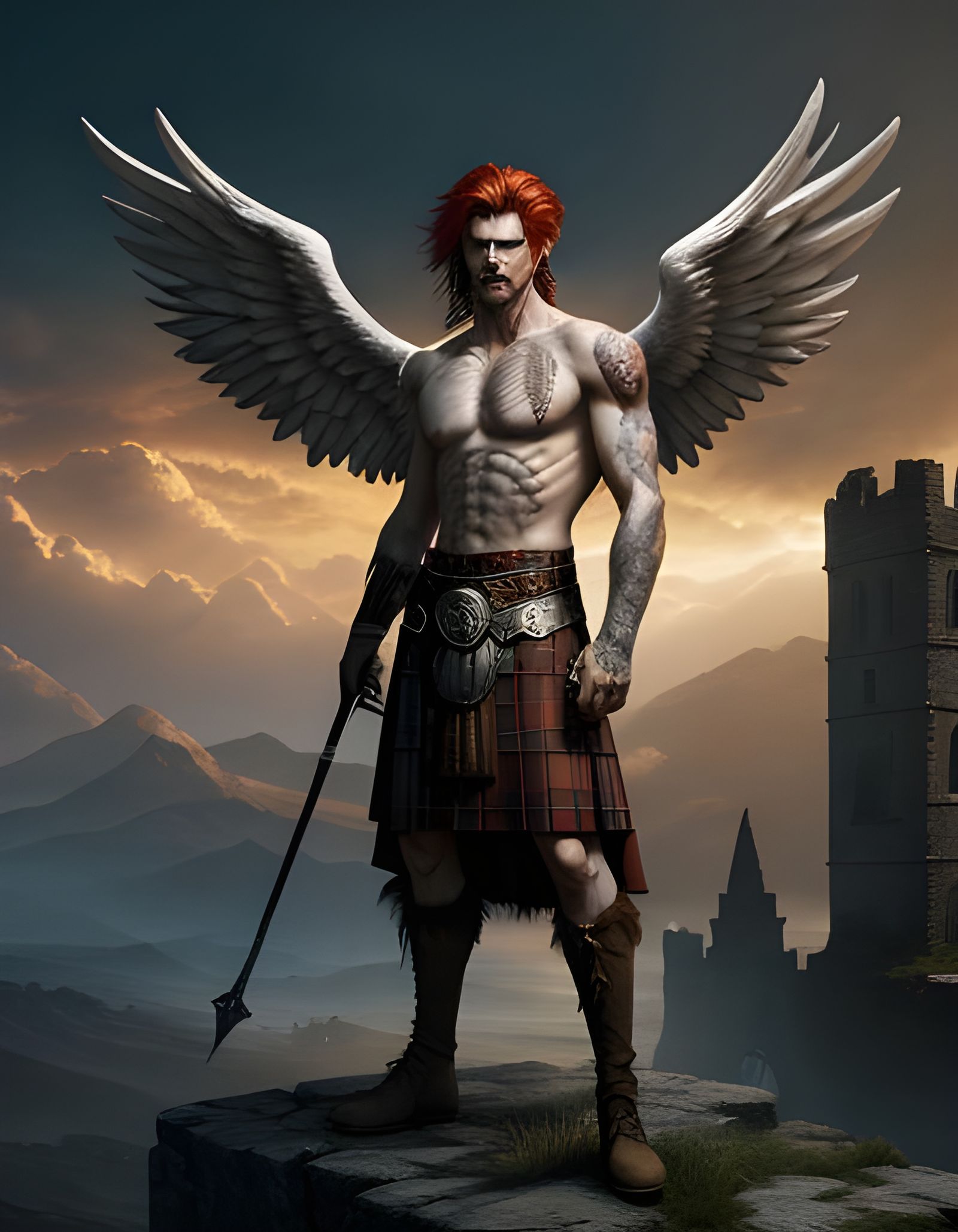Fantasy Angel in Kilt on Stone Tower