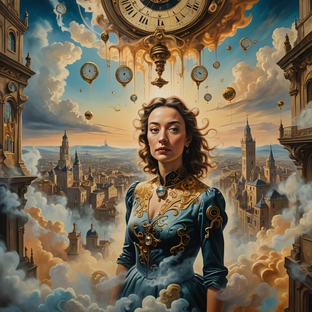 Surreal Woman in Melting Cityscape, Dreamlike Oil Painting