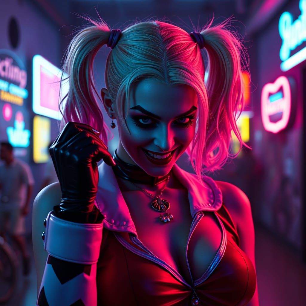 Gothic Harley Quinn in Cyberpunk Neon