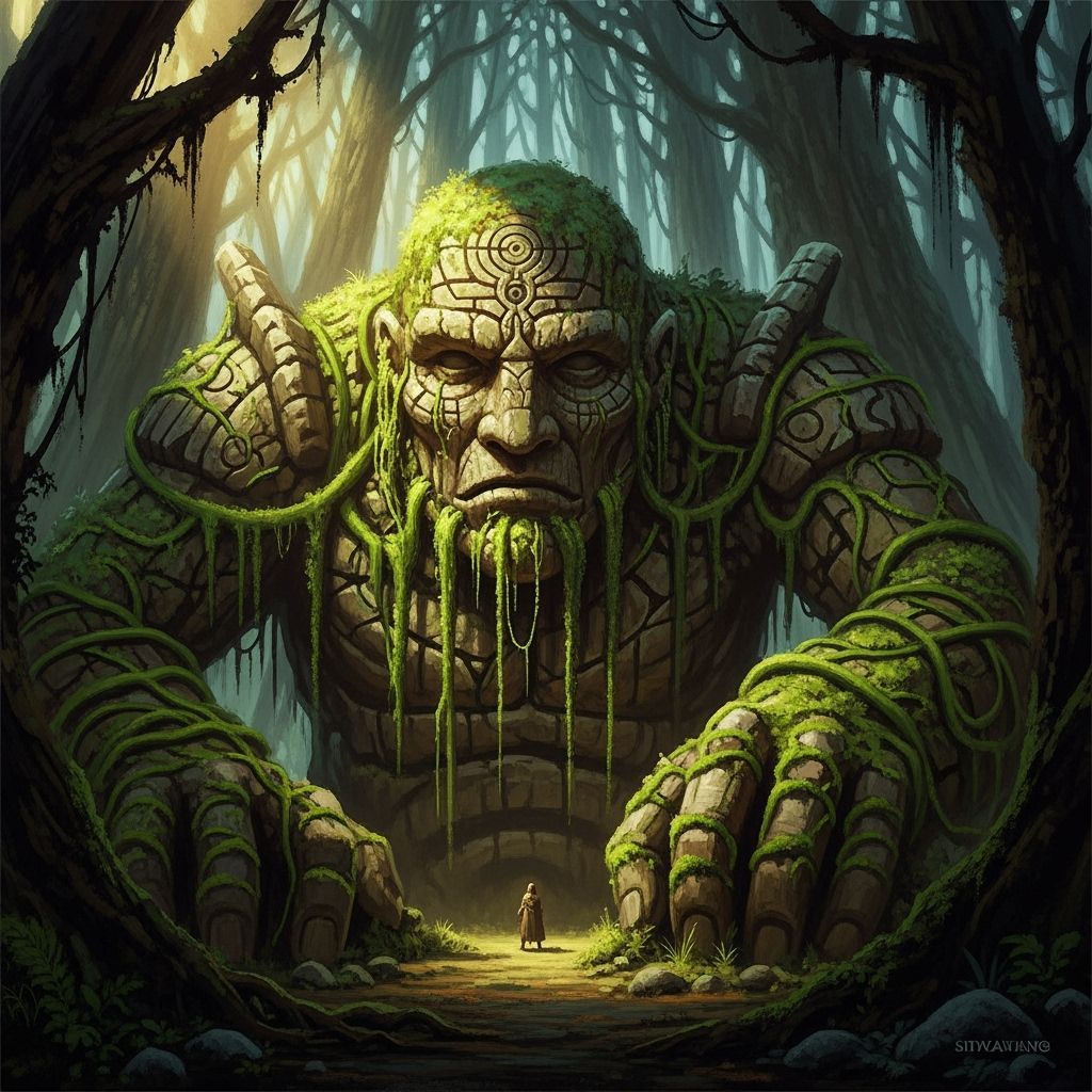 Stone Golem Emerges from Ancient Forest