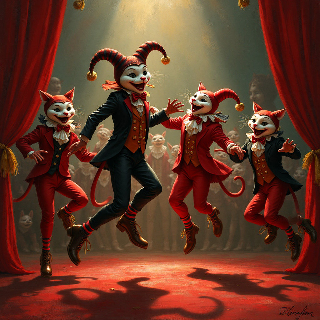 Whimsical Red Cat Jokers in Vibrant Theatre