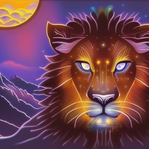 Surreal Lion Face in Moon, Geometric Art