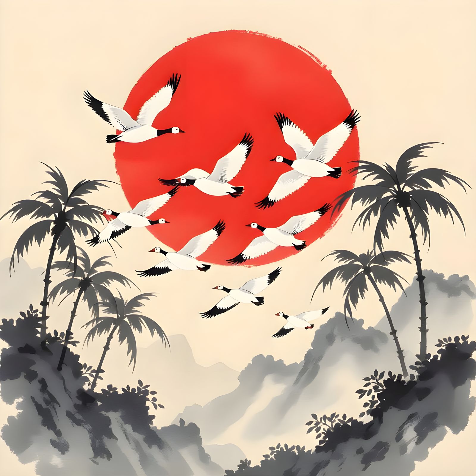 Geese Fly Across Crimson Sun in Sumi-e Style