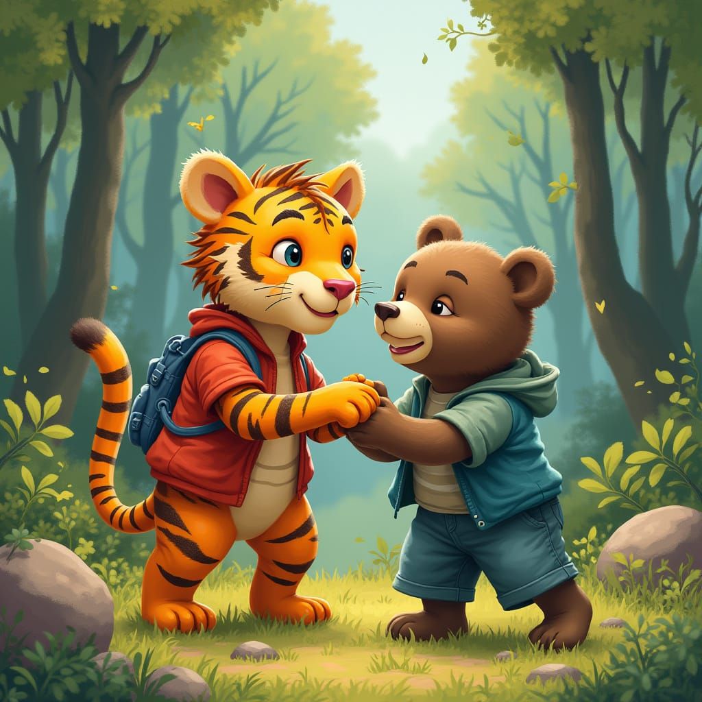 Tiger and Bear Friends in Forest Clearing