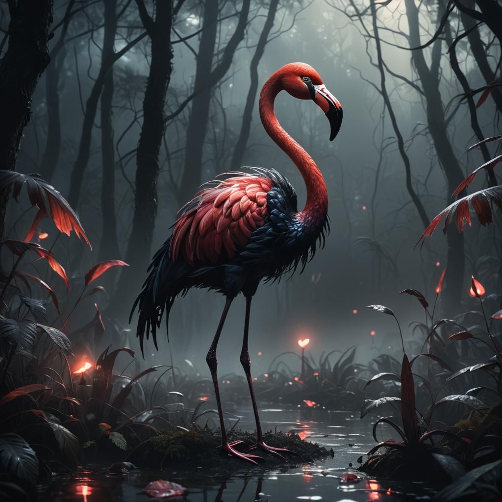 Glass Flamingo in Misty Forest, Dark Fantasy Art