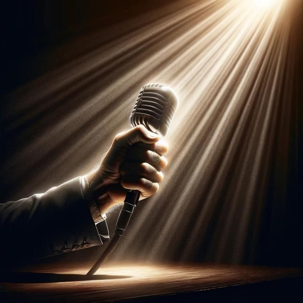 Hand Reaching for Light While Holding Microphone