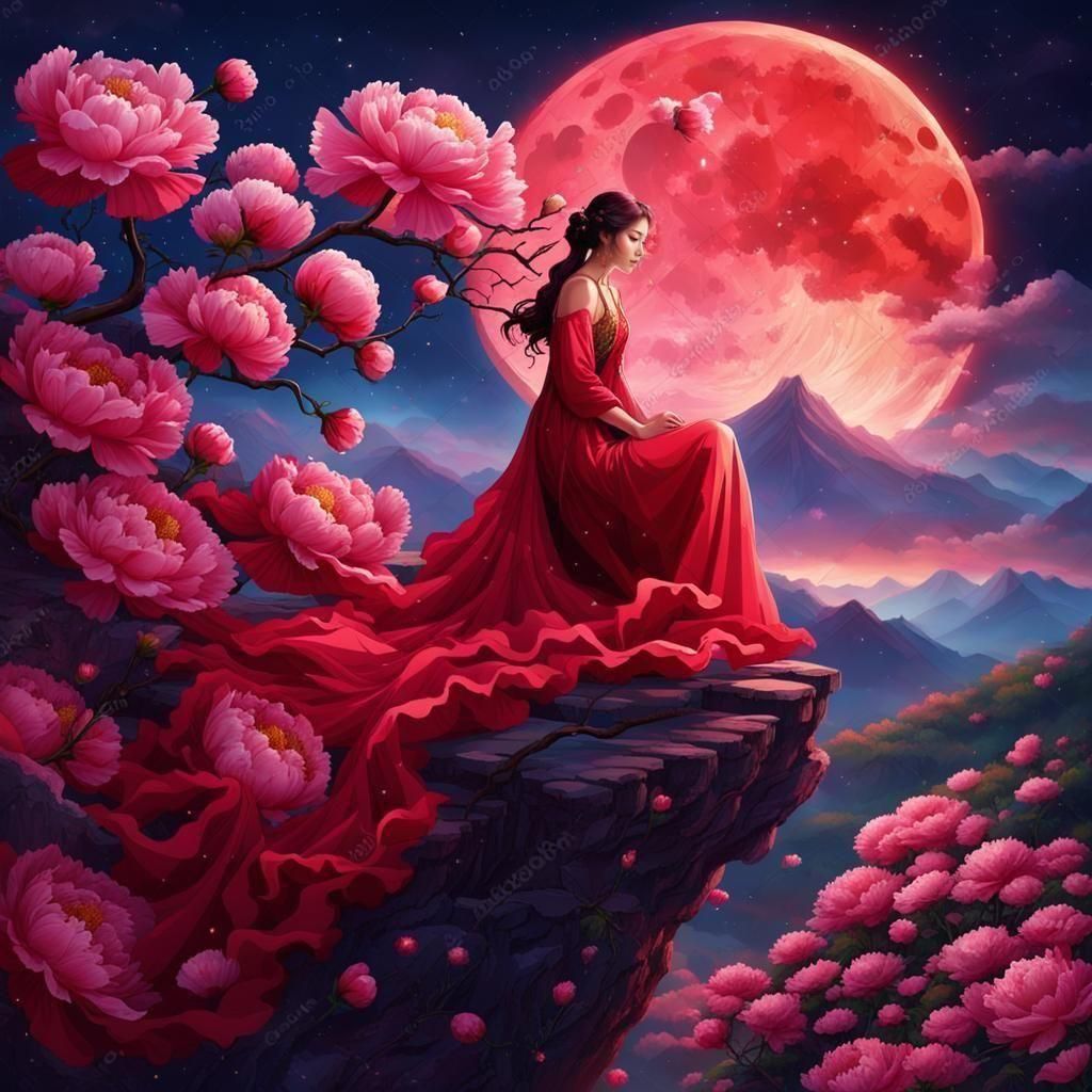 Sakura Girl on Peony Branch Under Red Moon