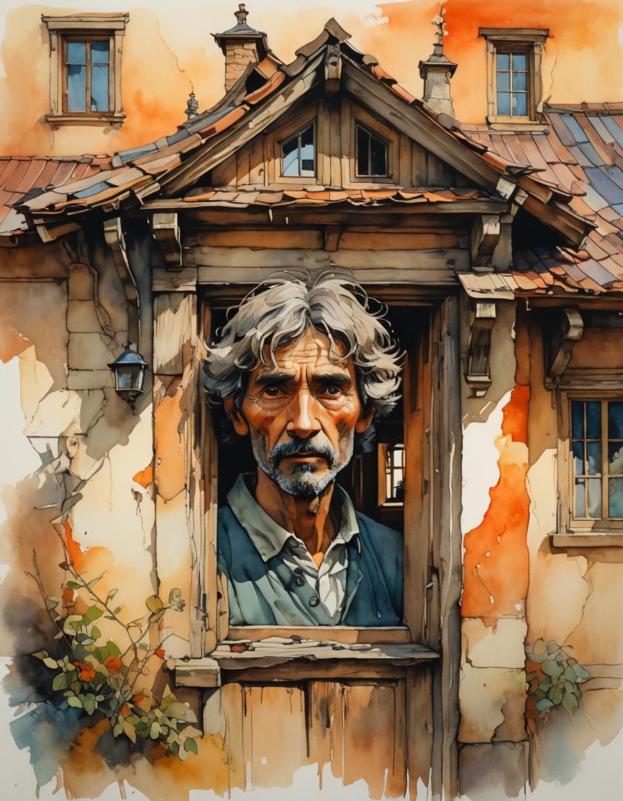 Whimsical Old House in Watercolor and Ink