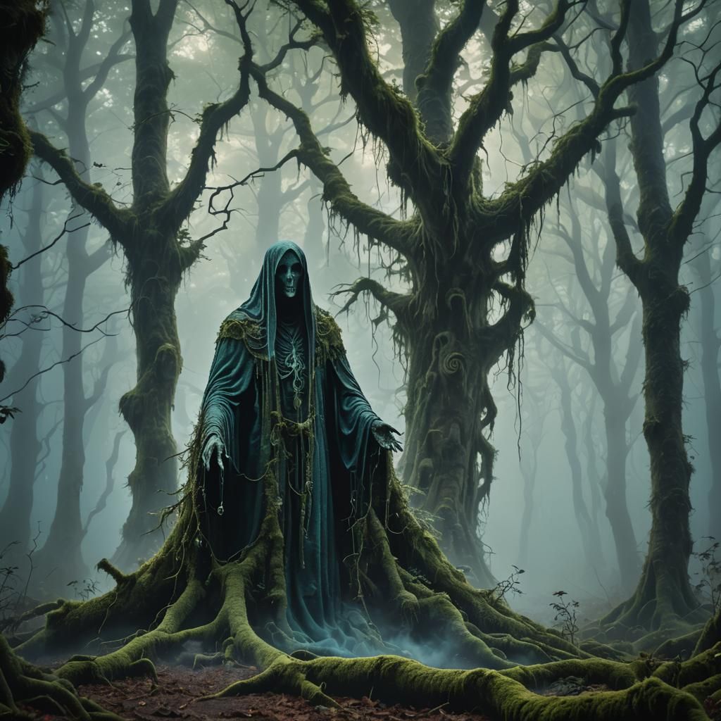 Ethereal Spectre in Misty Forest: Fantasy Concept Art