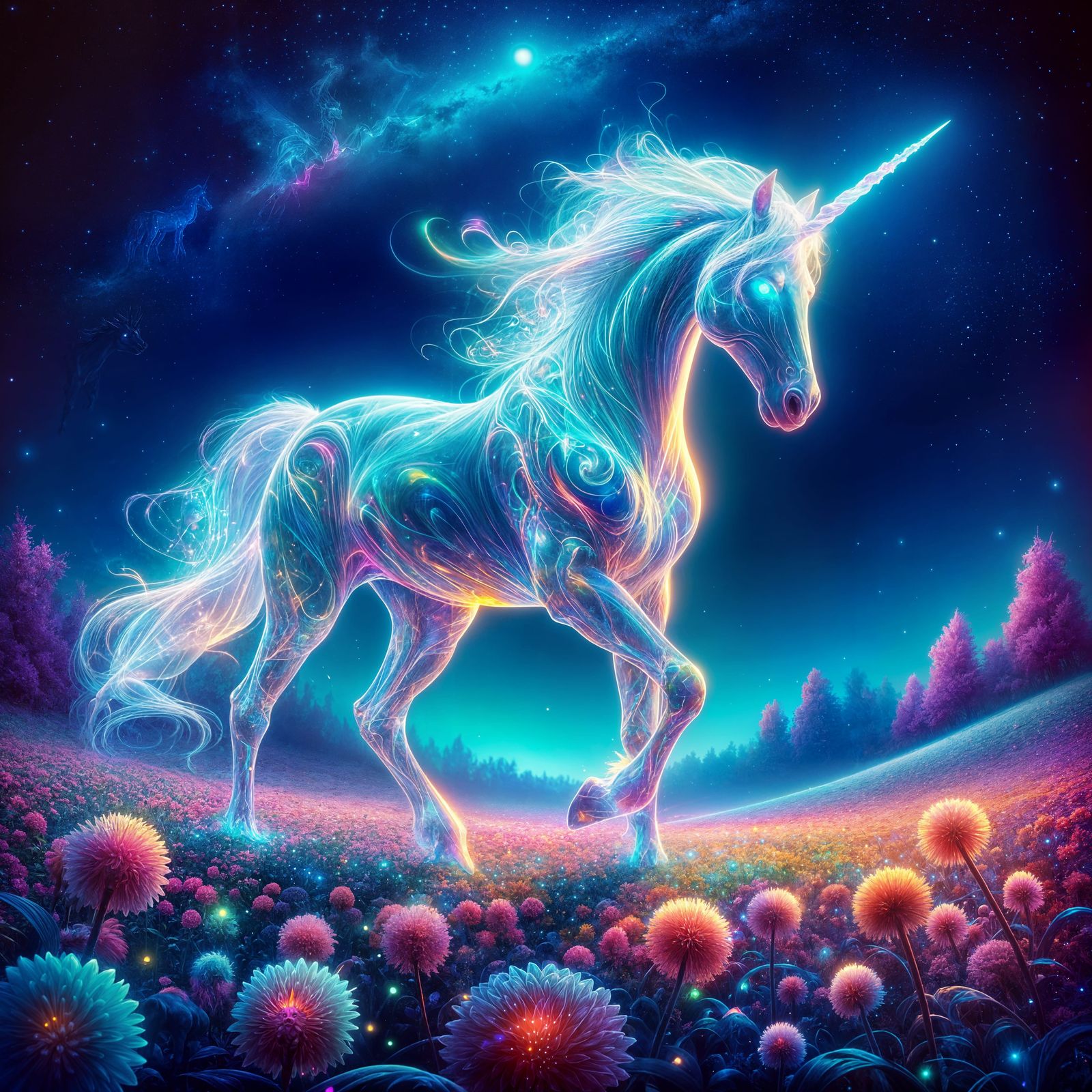Holographic Unicorn in Moonlit Clearing: A Digital Dream