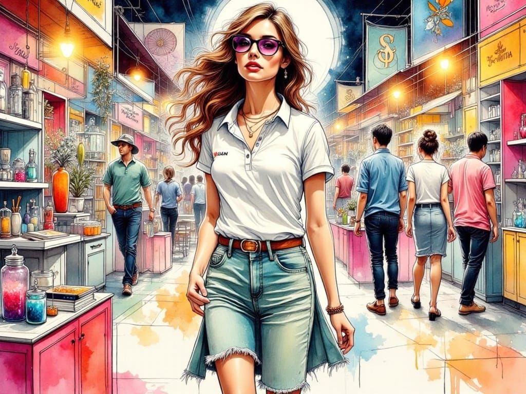 Elegant Woman at a Trade Show in Whimsical Ink Style