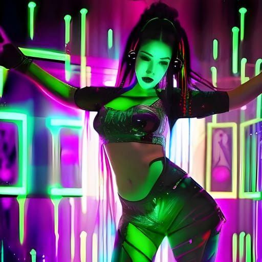 Cyber Goth Girl Dances in Neon Nightclub