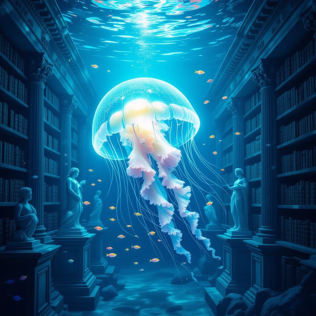 Bioluminescent Jellyfish in Ancient Underwater Library