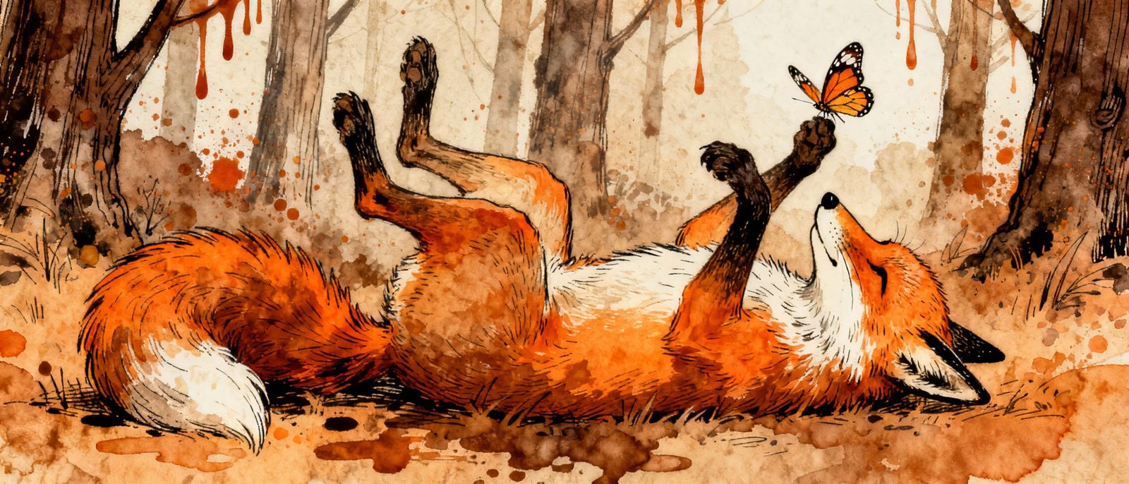 Cute Fox Plays with Butterfly in Forest Watercolor Illustrat...